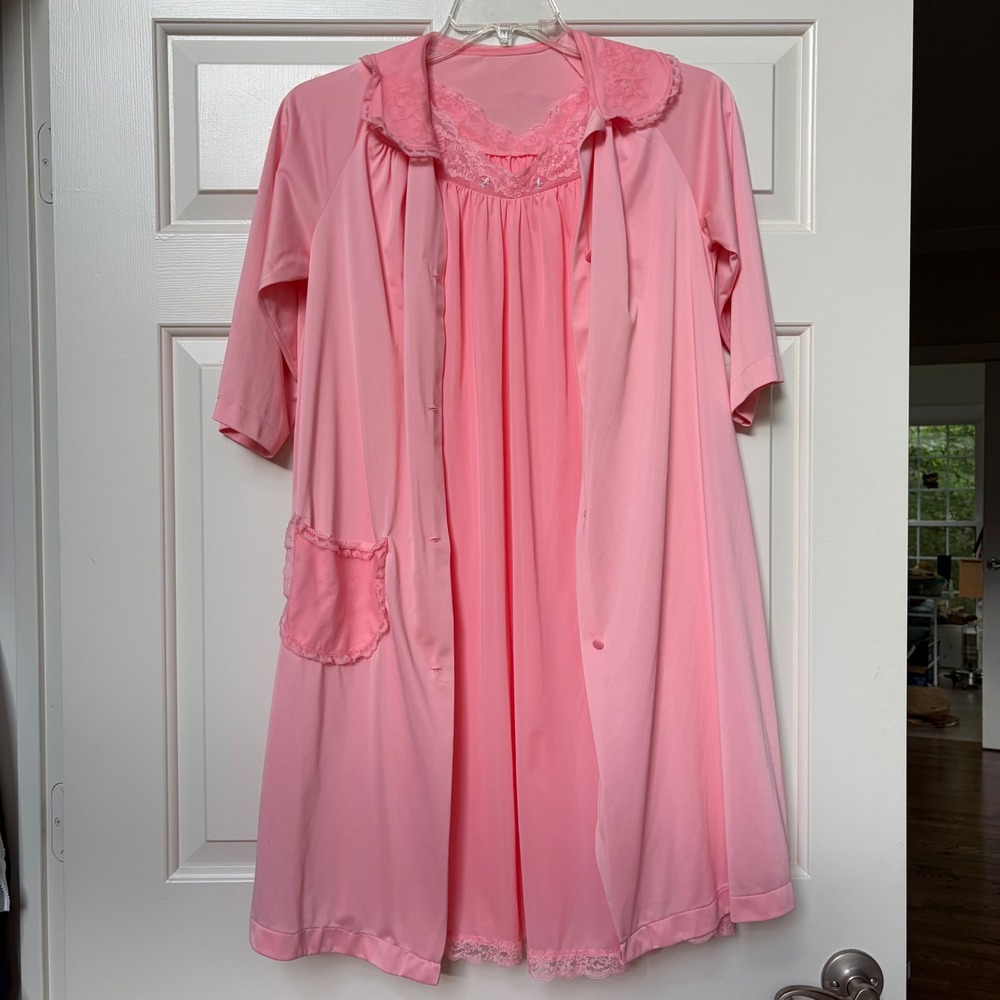 Vintage Shadowline Pink Nightgown and Robe Set Nylon Small Coquette Grandmacore